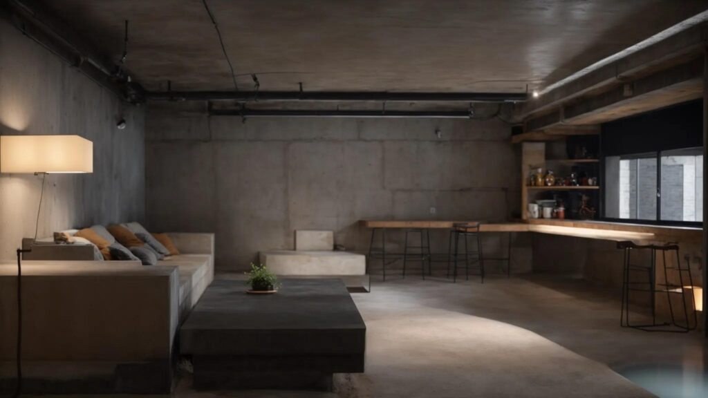 a well-lit basement showcases a professional waterproofing process, featuring exposed concrete walls, a contractor applying hydraulic cement to seal cracks, and a newly installed french drain, conveying a sense of efficiency and care in home improvement.