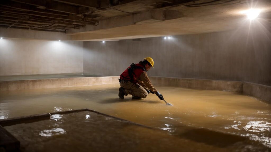 a well-lit basement showcases the waterproofing process, featuring exposed concrete walls and floors, with waterproofing membranes being applied, as a contractor in safety gear diligently seals cracks and another installs a french drain, emphasizing the importance of structural integrity and indoor air quality.