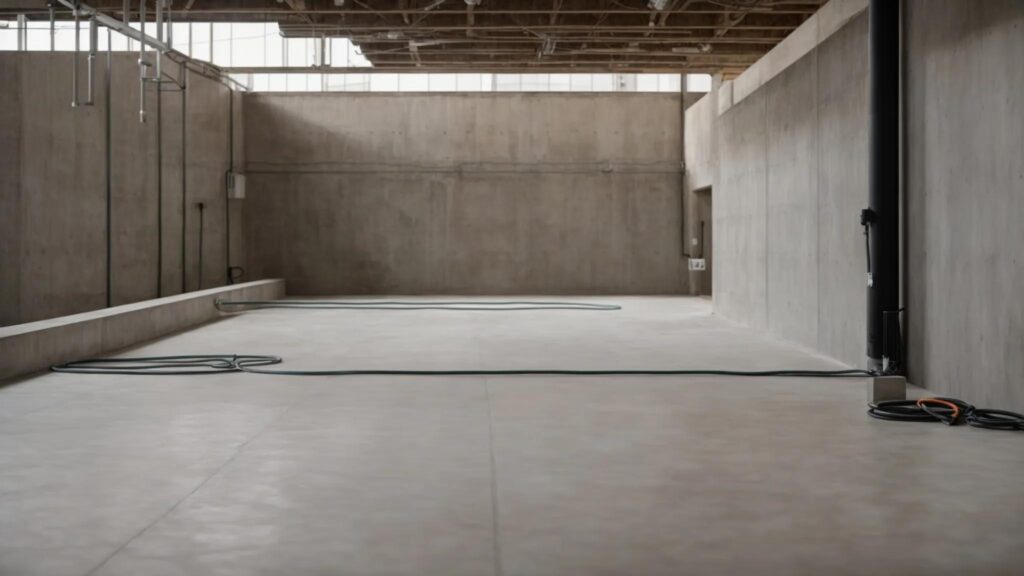 a well-lit commercial basement showcases a professional waterproofing process, featuring exposed concrete walls being sealed with hydraulic cement and a french drain installation, highlighting the importance of moisture prevention and structural integrity.