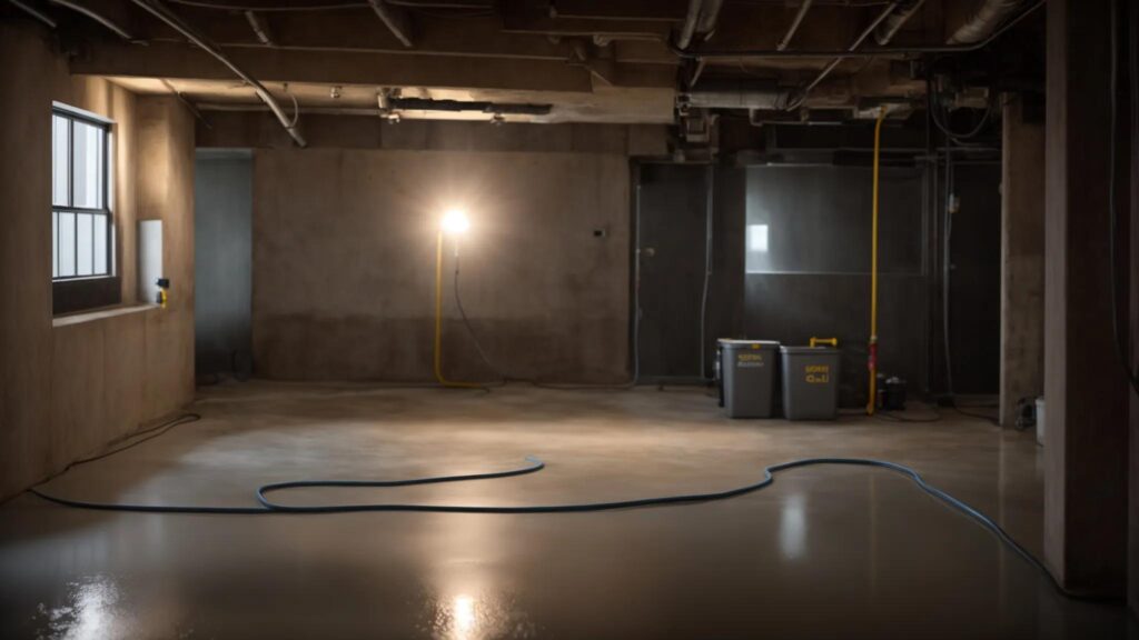 a well-lit, professional basement scene showcases the waterproofing process, featuring exposed concrete walls and flooring with visible waterproofing membranes, as a contractor in safety gear diligently seals cracks with hydraulic cement and another installs a french drain, with a sump pump ready for installation in the corner.