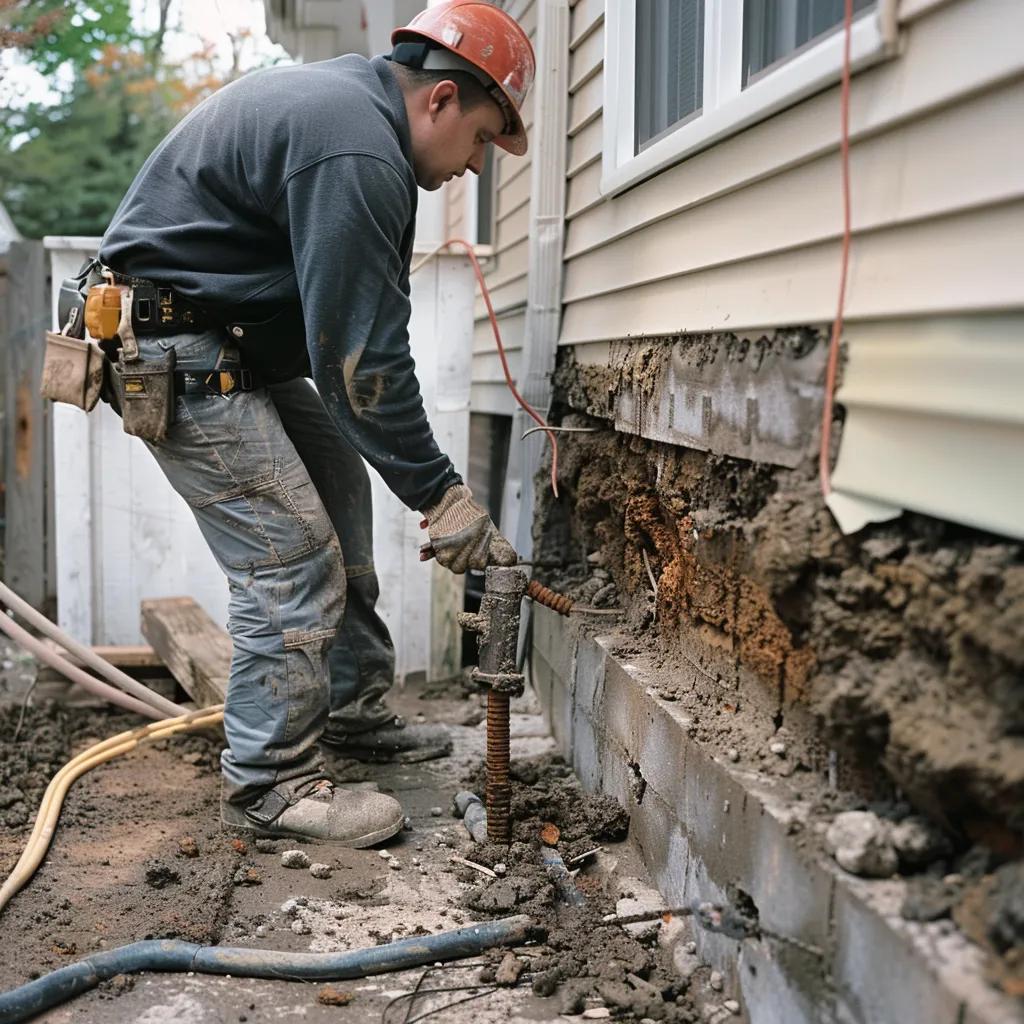 Contractor reinforcing foundation wall with helical piers and wall anchors