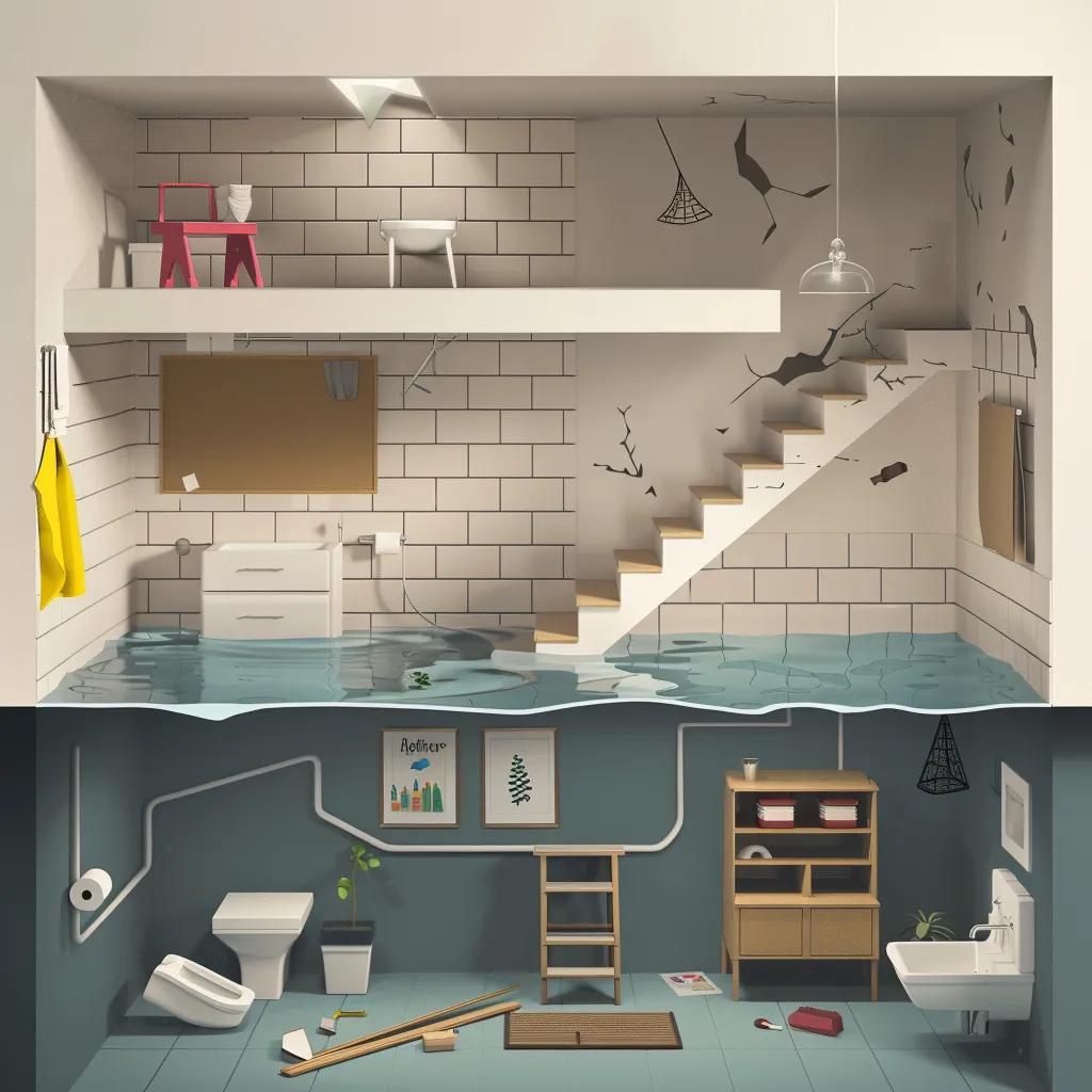 Illustration of common causes of basement water damage including foundation cracks and water pooling
