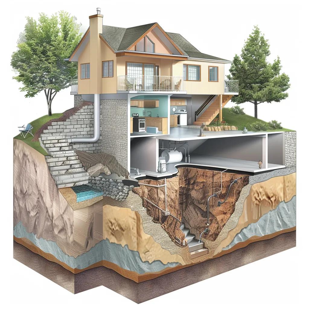 Cross-section of basement showing waterproofing methods like French drain and sump pump