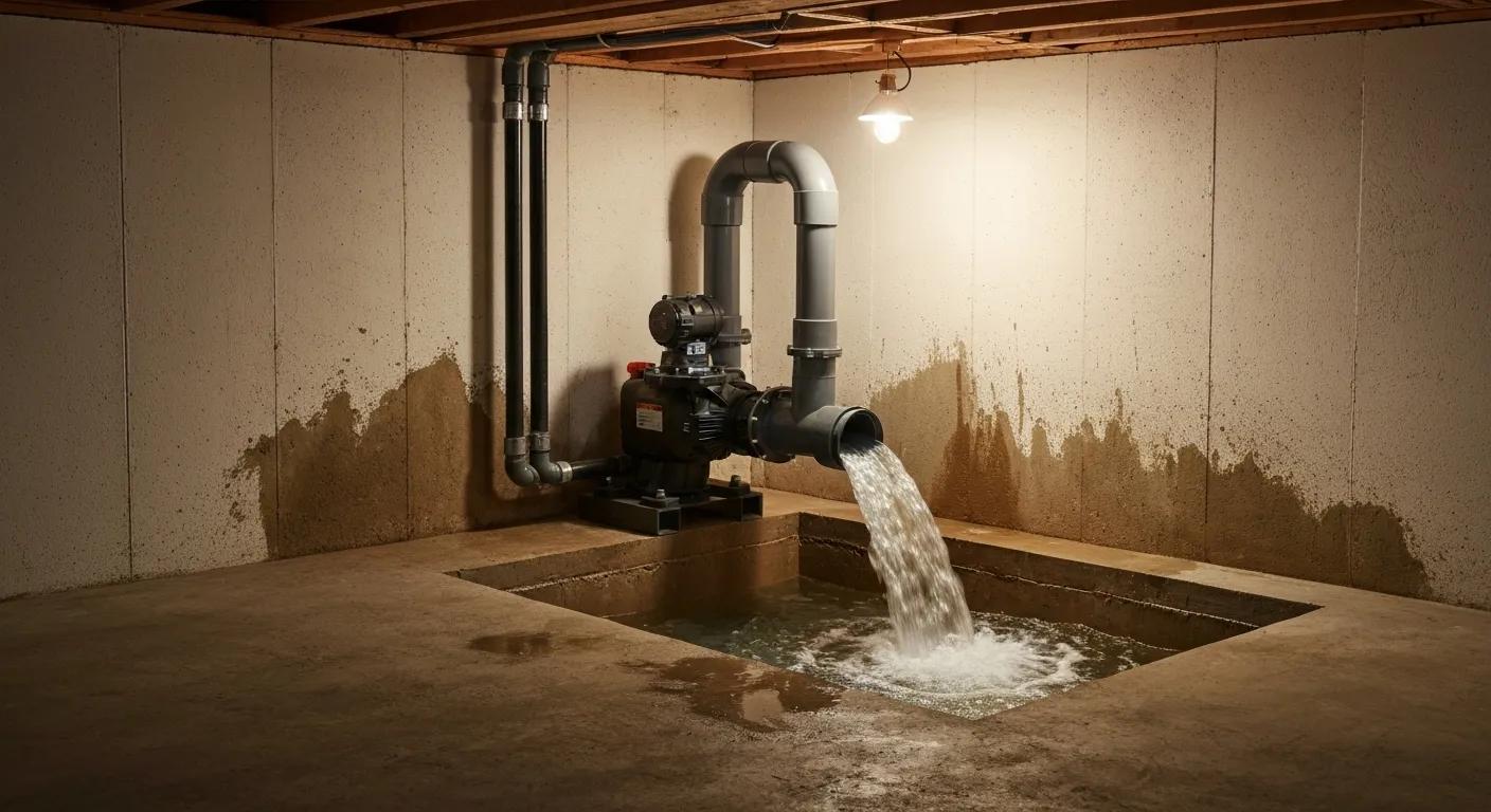 Sump pump installation in a basement actively pumping water, illustrating the importance of reliable systems for preventing water damage