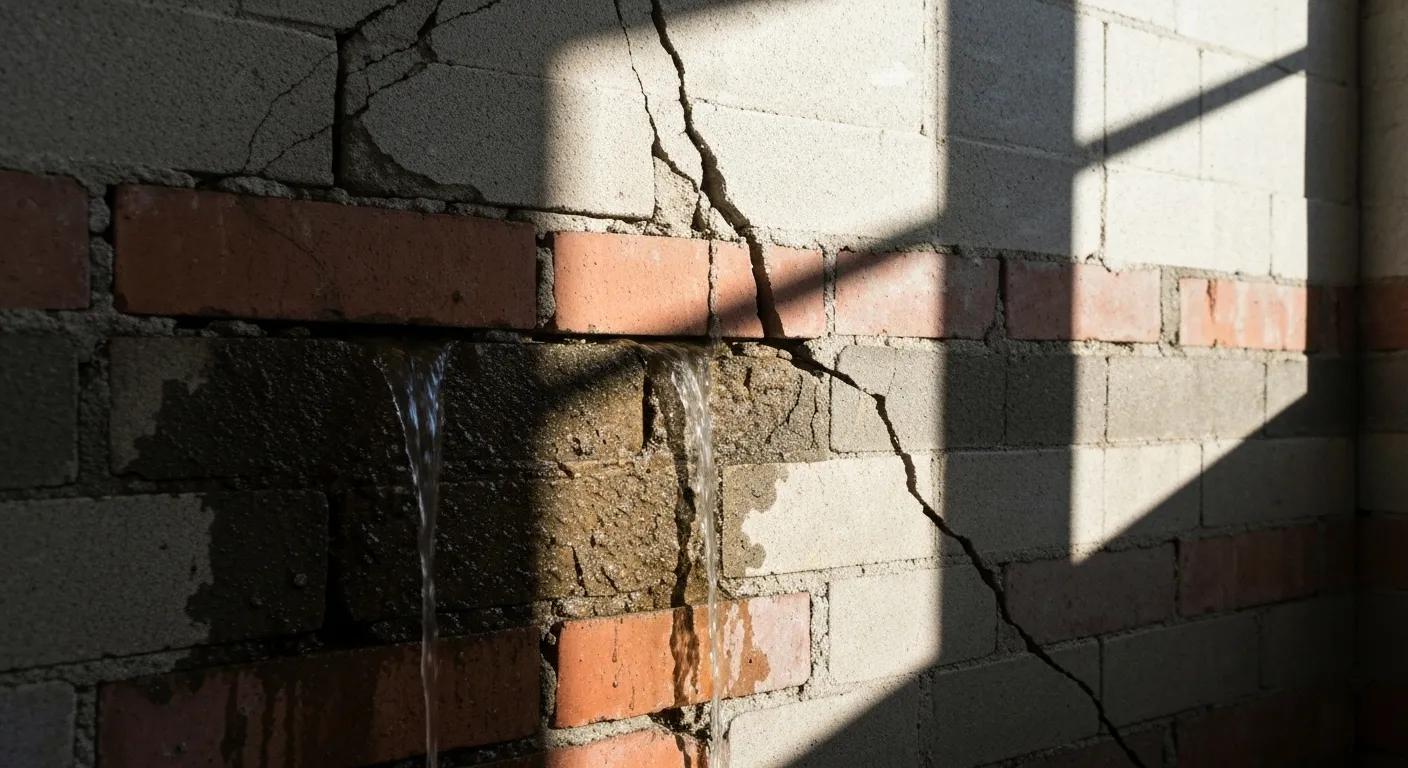 Close-up of foundation cracks in a basement wall with moisture seeping through, highlighting the causes of water intrusion