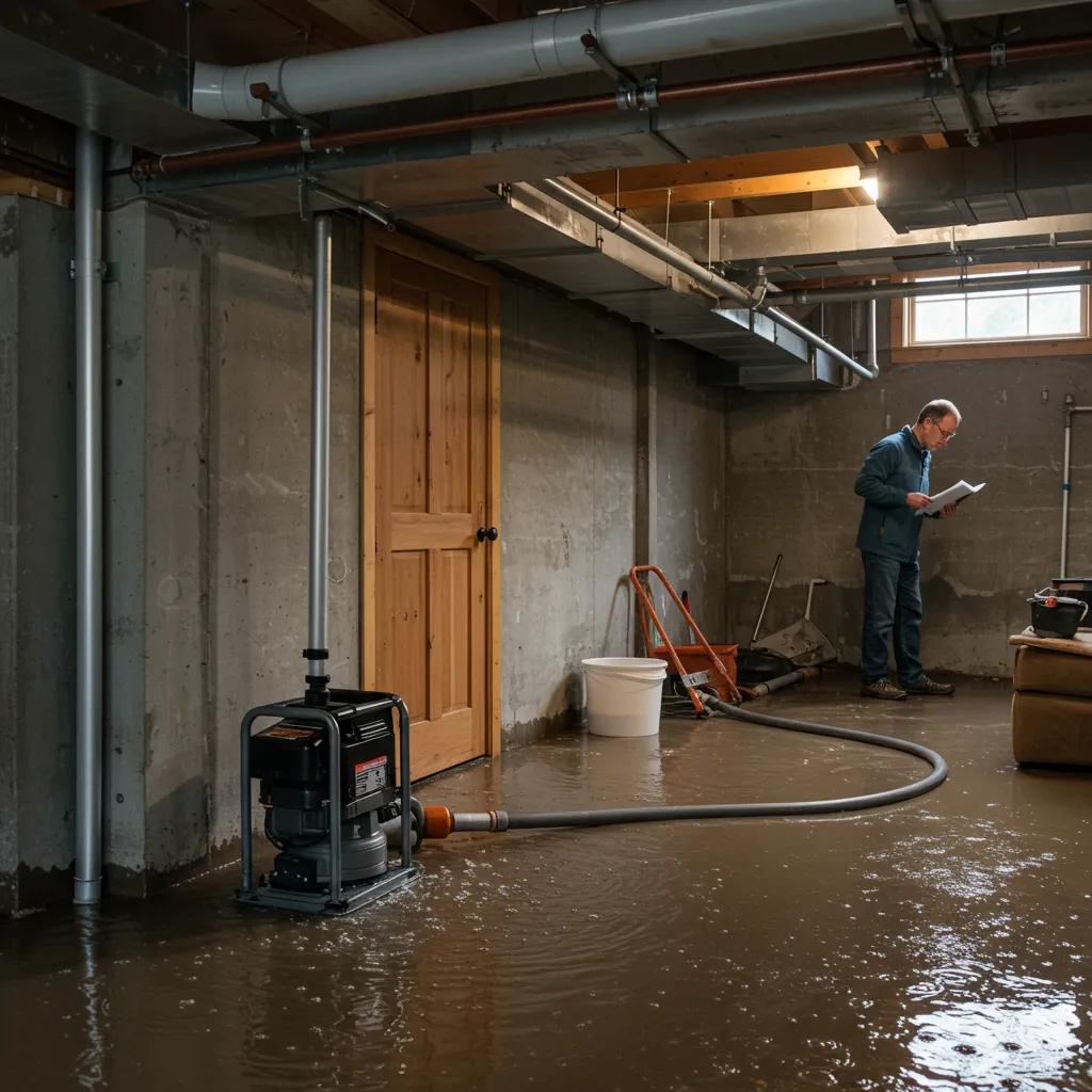 Flooded basement with pooling water and homeowner assessing the situation