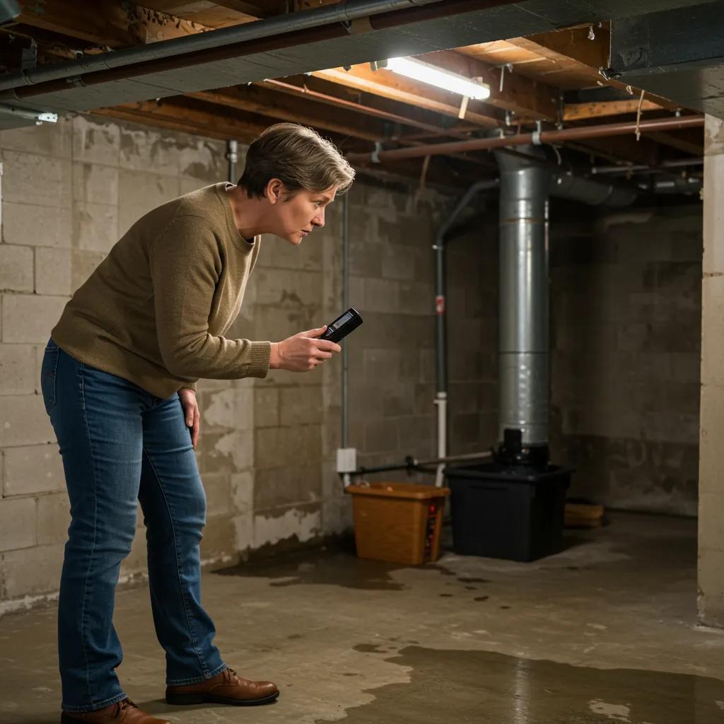Homeowner inspecting basement for musty odors with hygrometer and visible moisture signs